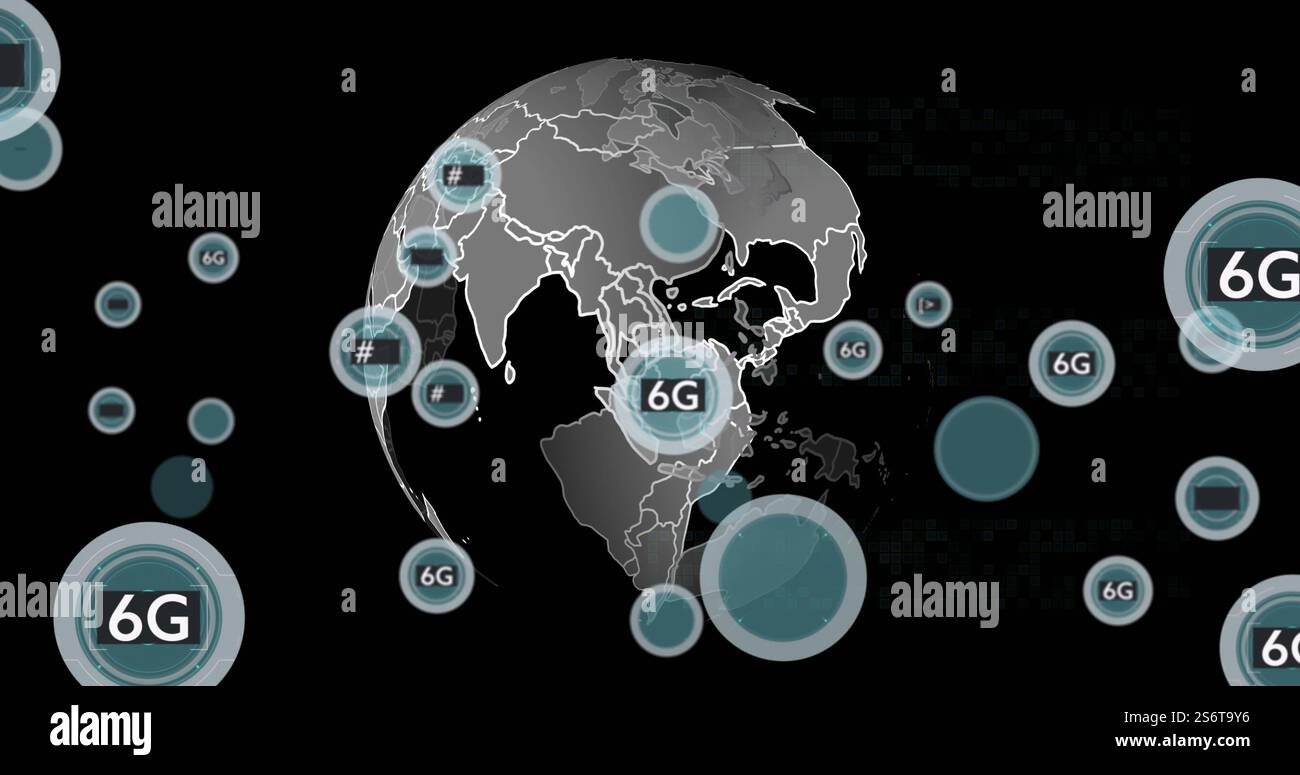 Image of 5g and 6g text and data processing over globe Stock Photo