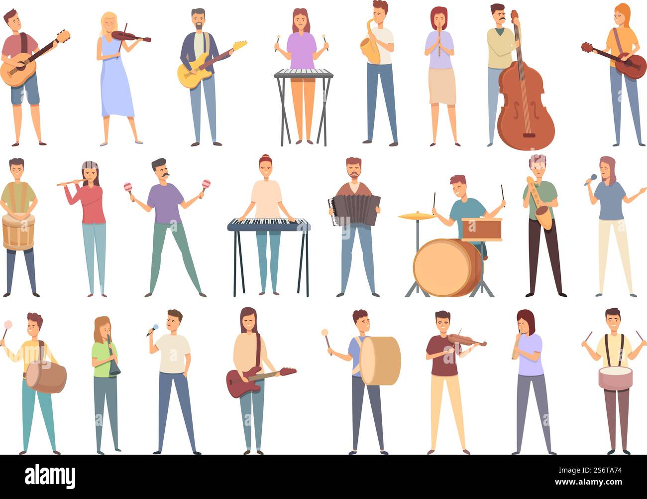 Street musicians icons set cartoon vector. Music people. Jazz band. Street musicians icons set cartoon vector. Music people Stock Vector