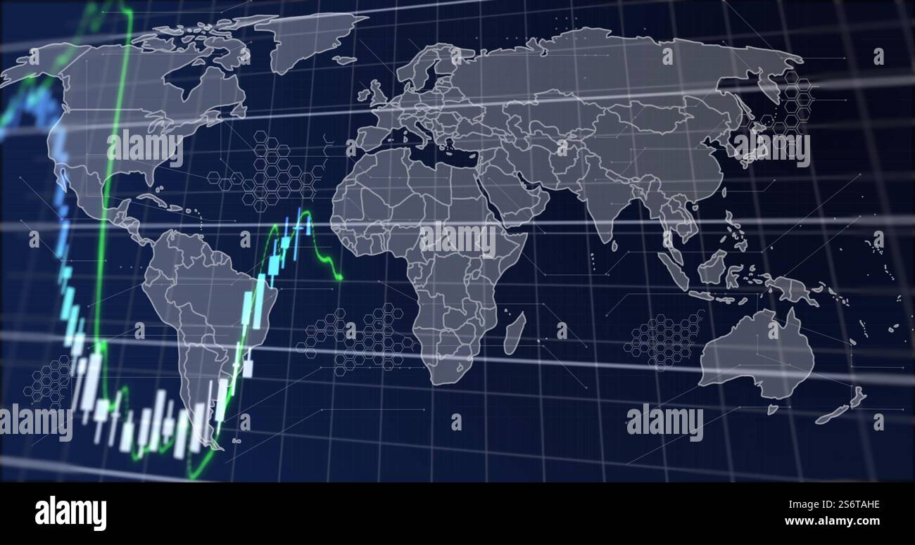 Financial data and stock market chart image over world map background Stock Photo
