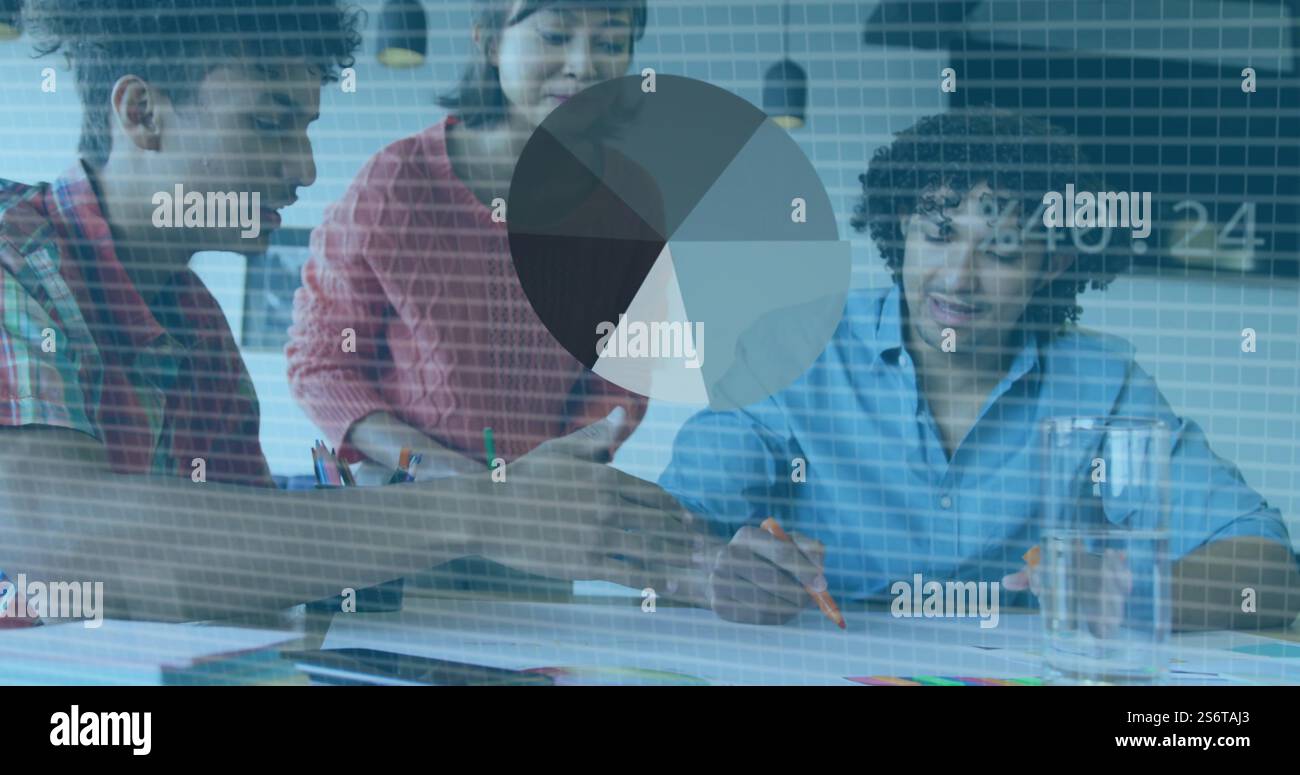 Data processing image over diverse colleagues collaborating in office Stock Photo