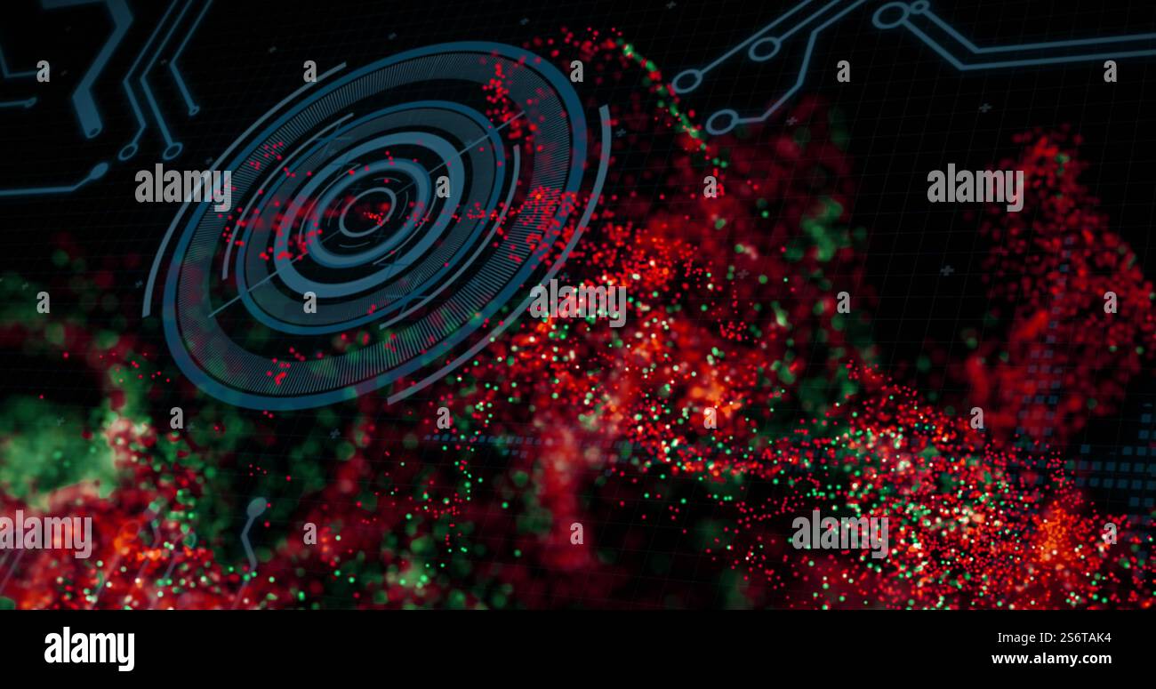 Digital circuit and radar image over colorful particle explosion Stock Photo