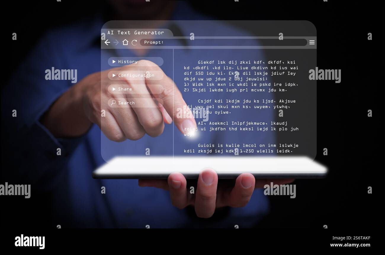 AI text generator concept: a man uses Ai, artificial intelligence, on his tablet to generate text and assist with writing content Stock Photo