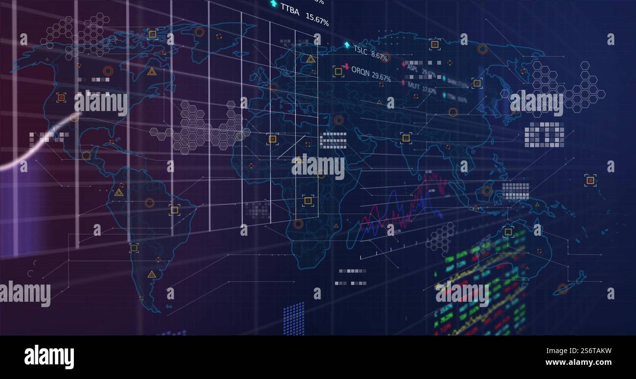 Global data visualization and analytics image over world map and graphs Stock Photo
