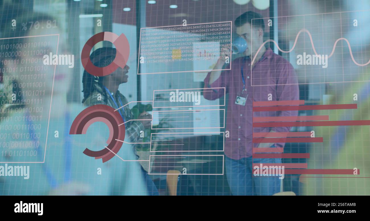 Binary code and financial data image over diverse business people in office Stock Photo