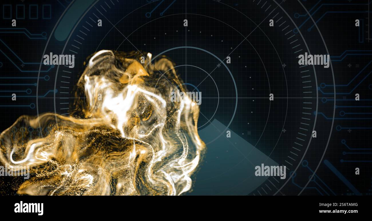 Abstract golden fluid image over digital radar interface Stock Photo