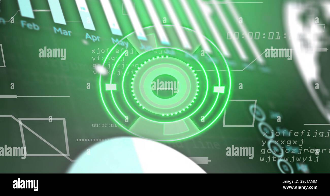 Futuristic green digital interface with rotating elements and data processing image Stock Photo