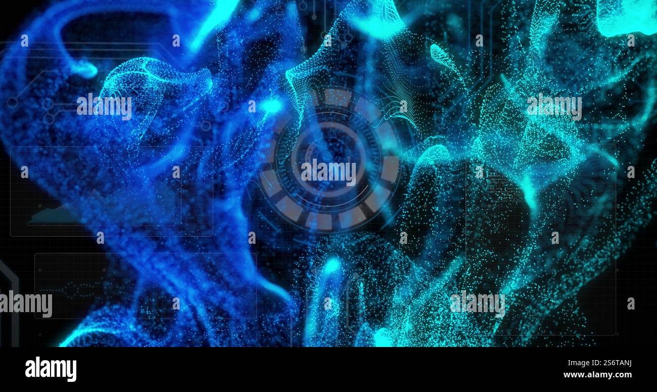 Futuristic digital interface with blue and green particles and circular image Stock Photo