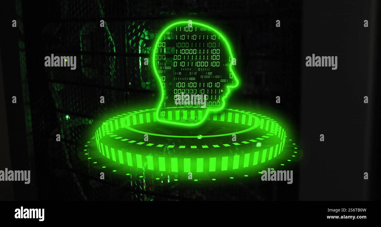 Binary code and human head hologram image over digital interface Stock Photo