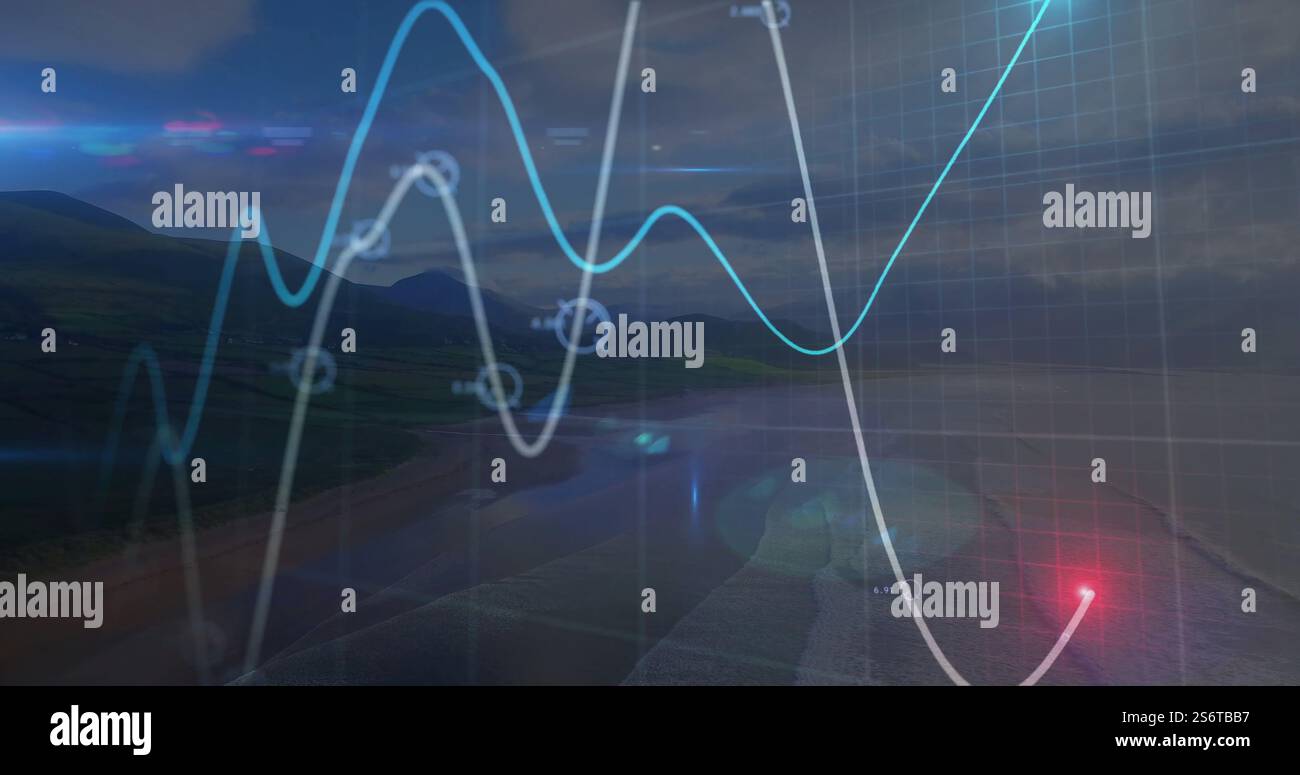 Graph with fluctuating lines and data points image over coastal landscape Stock Photo