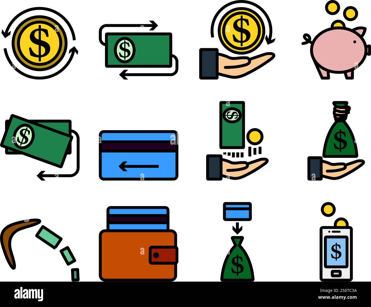 Money Icon Set. Editable Bold Outline With Color Fill Design. Vector ...