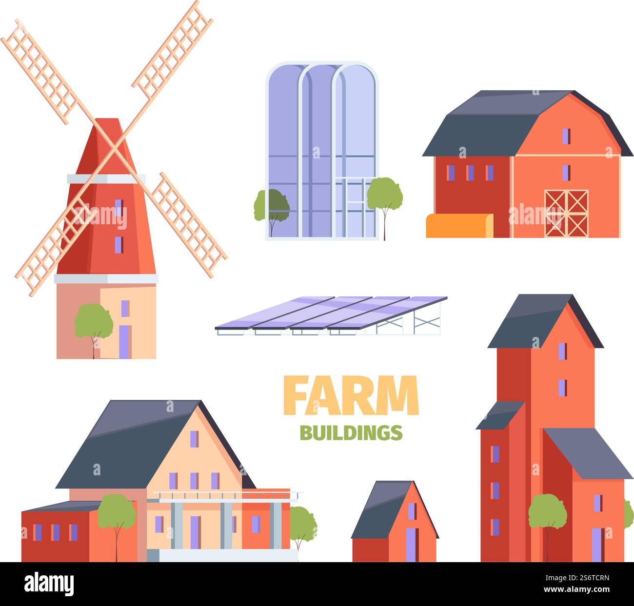 Farm houses. Old village constructions medieval rural buildings and agricultural objects garish vector illustrations set in flat style. Farm house building, construction in village. Farm houses. Old village constructions medieval rural buildings and agricultural objects garish vector illustrations set in flat style Stock Vector