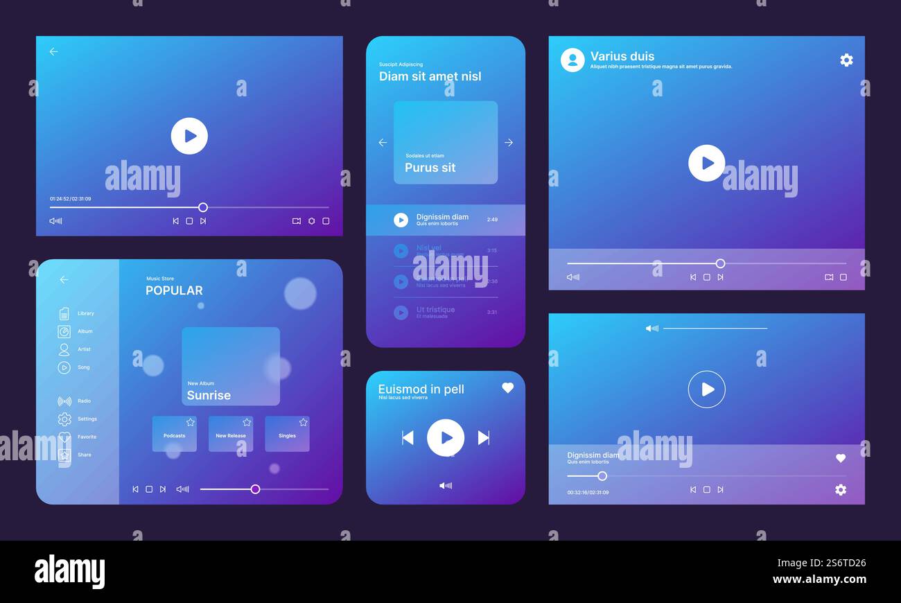 Audio player ui. Video media ux interface template app icons garish ...