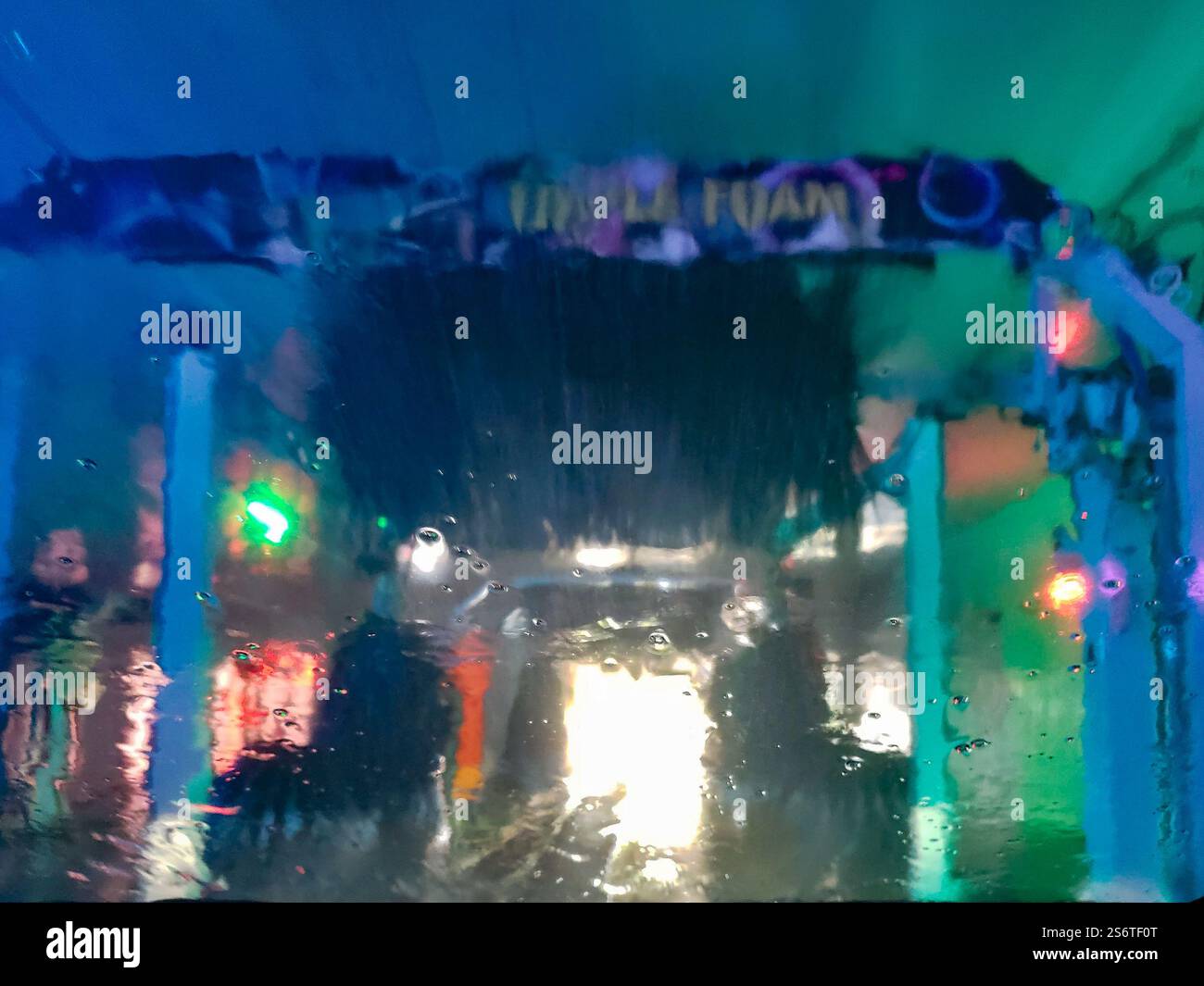 Windshield passing through a car wash Stock Photo