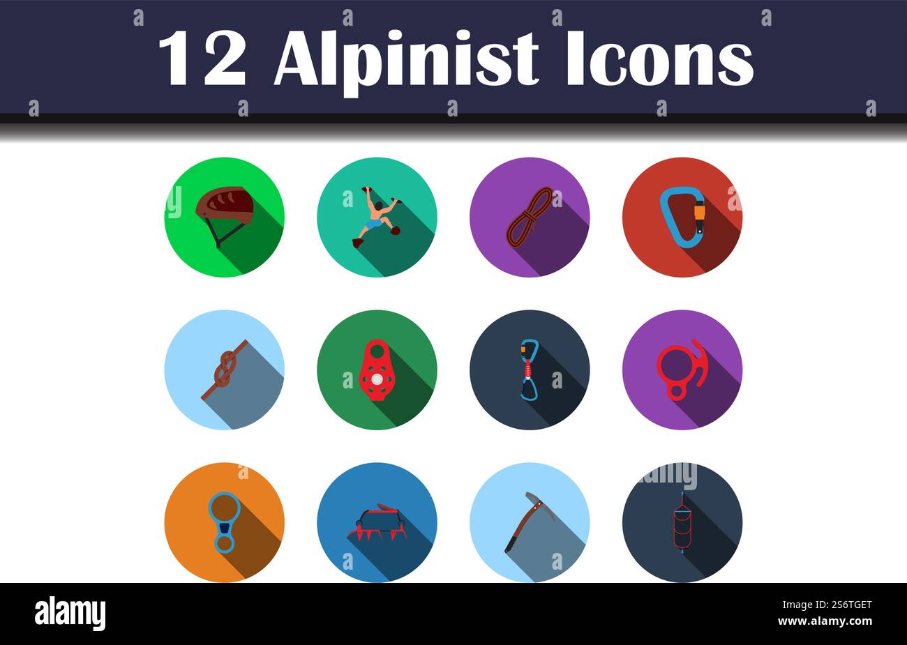 Alpinist Icon Set. Flat Design With Long Shadow. Vector illustration. Stock Vector