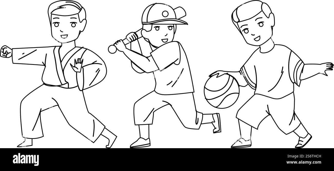 Boys Kids Playing And Training Sport Game Black Line Pencil Drawing ...
