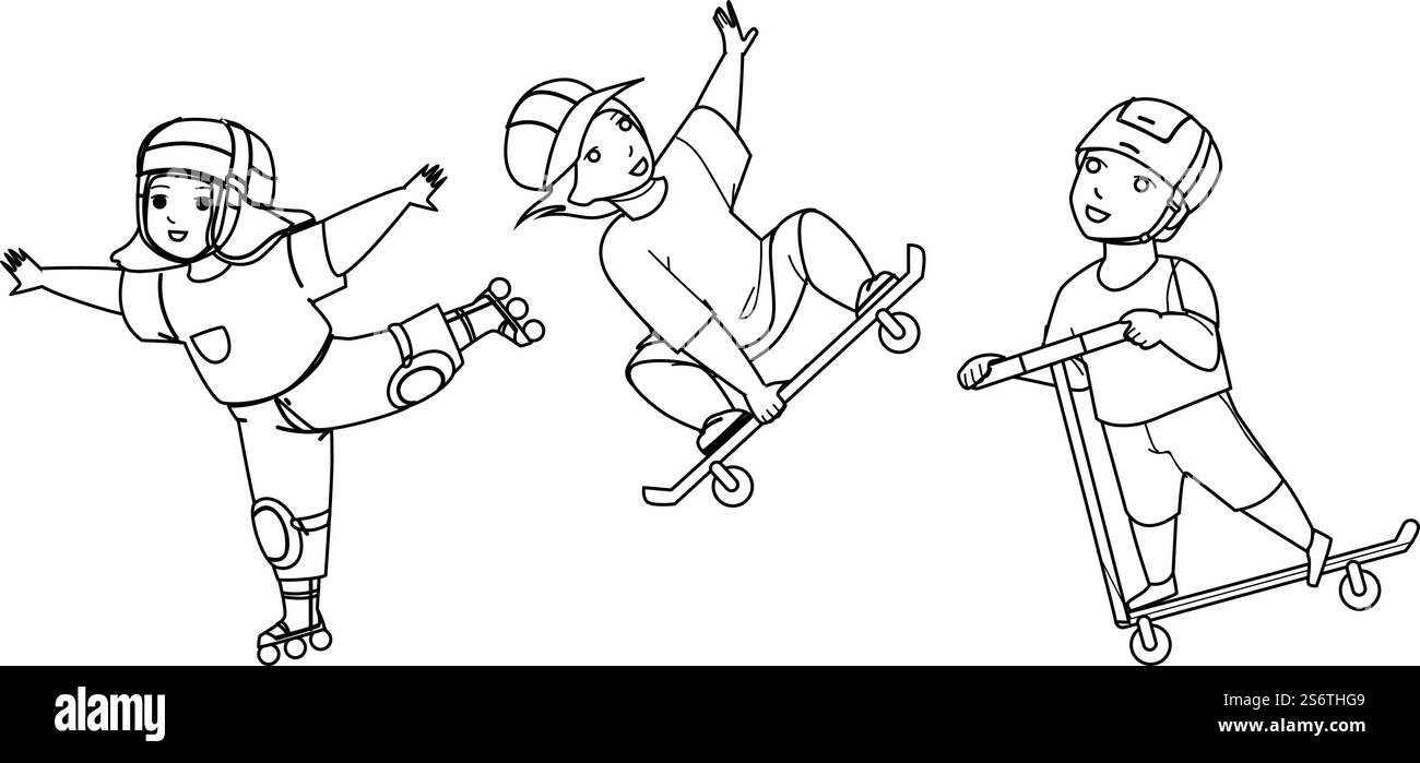 Children Enjoying In Extreme Skate Park Black Line Pencil Drawing ...