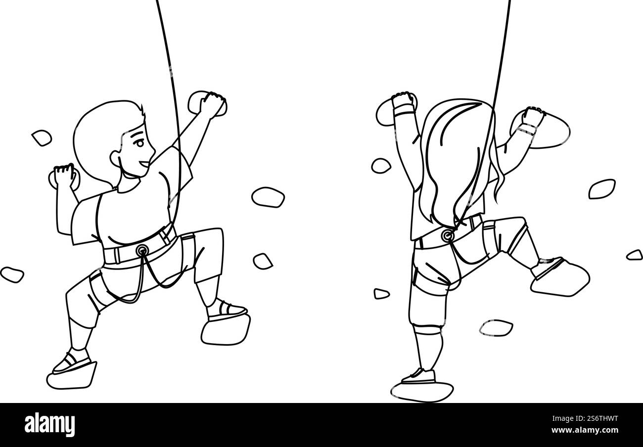 Boy And Girl Children Climbing Together Black Line Pencil Drawing Vector. Schoolgirl And Schoolboy Kids Climbing Wall In Sport Center Attraction. Characters Schoolchildren Sportive Activity. Boy And Girl Children Climbing Together Vector Stock Vector