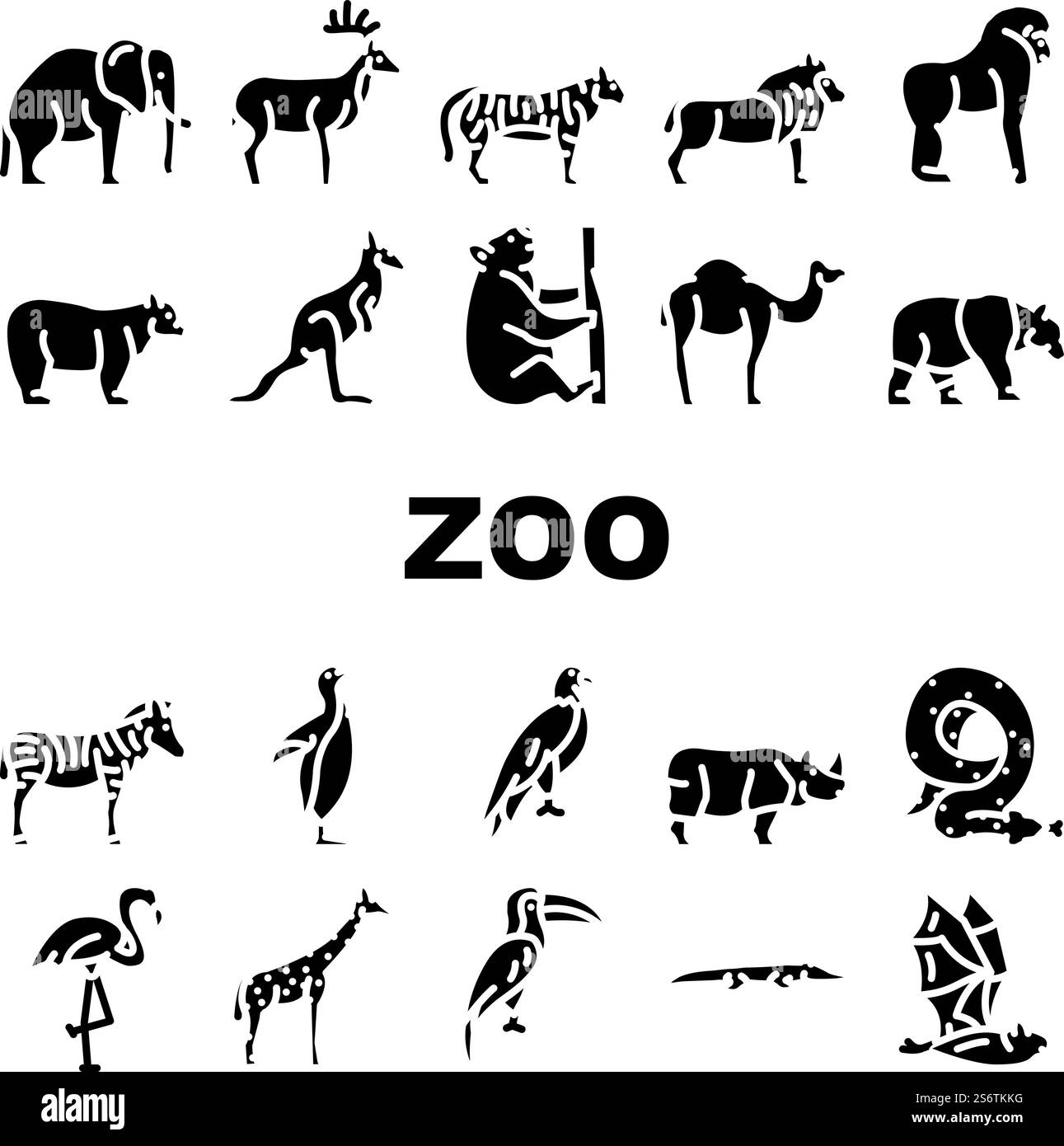 Zoo Animals, Birds And Snake Icons Set Vector. Tiger And Elephant, Bear ...