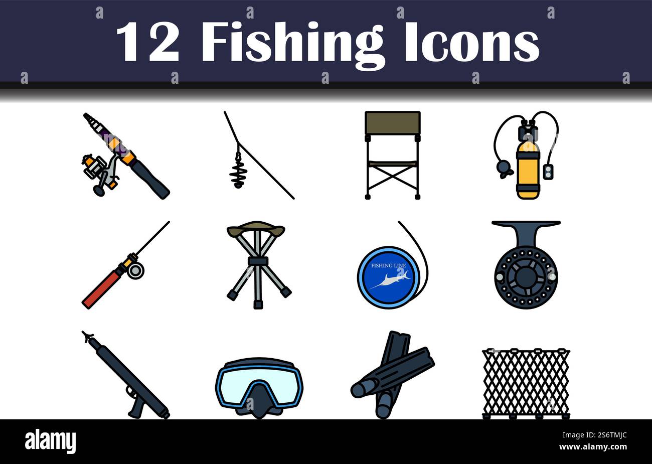 Fishing Icon Set. Editable Bold Outline With Color Fill Design. Vector ...