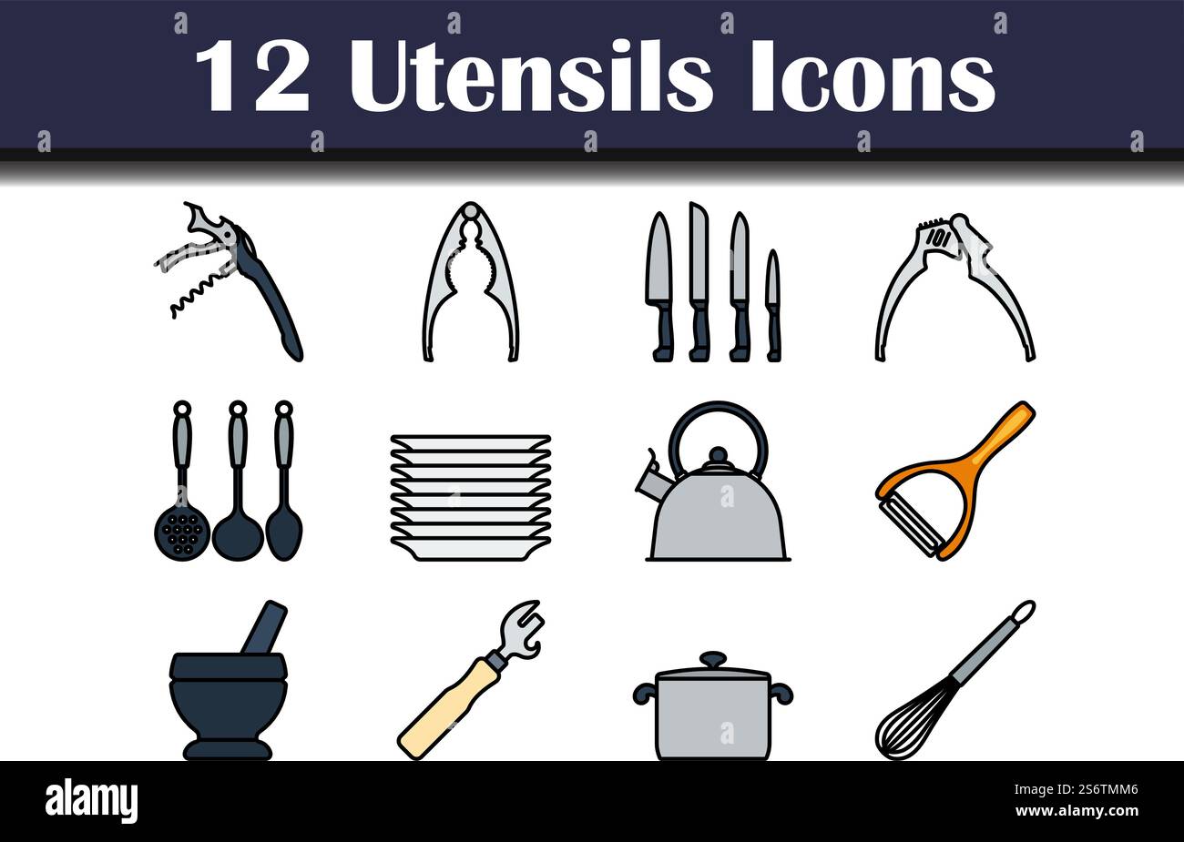 Utensils Icon Set. Editable Bold Outline With Color Fill Design. Vector ...