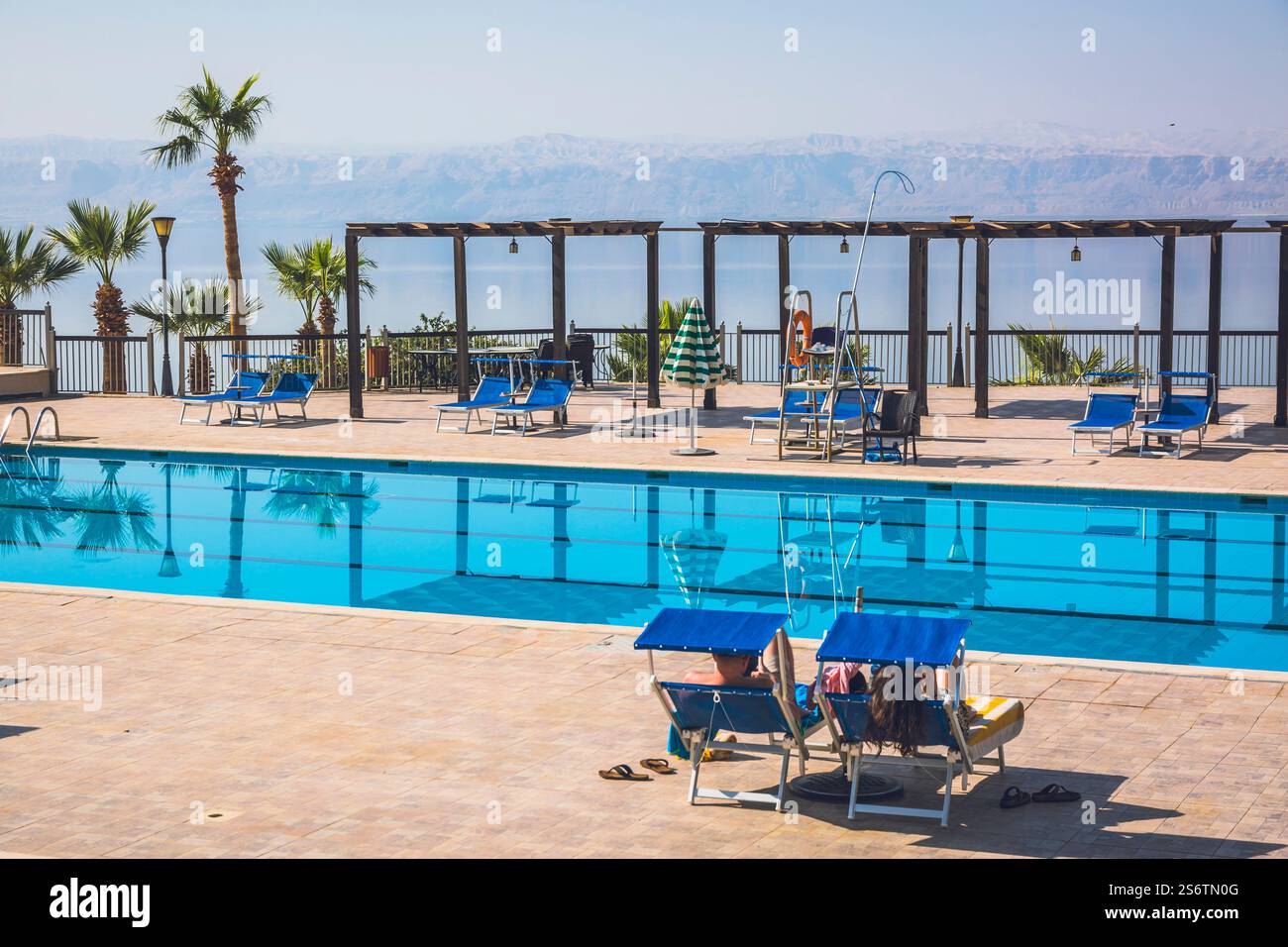 Jordan, Middle East, Dead Sea. The Israeli coast in the background. Ma'in. Dead Sea Spa Hotel Stock Photo