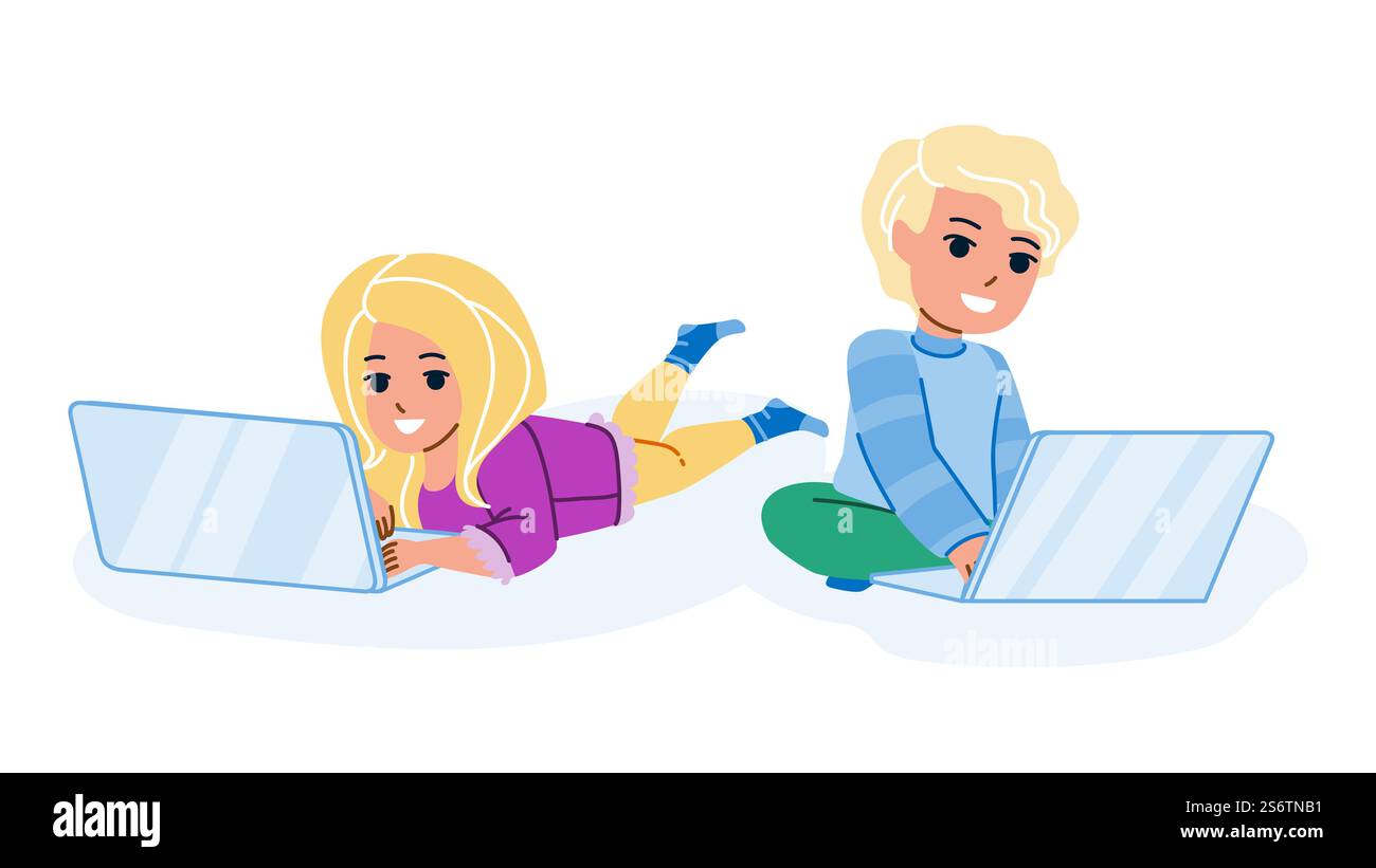 Boy And Girl Children Playing On Laptop Vector. Schoolboy And ...