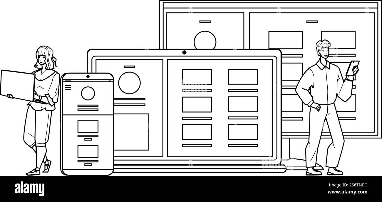 Adaptive Interface Developing Programmers Black Line Pencil Drawing Vector. Young Man And Woman Designers And Developers Making Adaptive Interface For Web Site. Characters Programming Internet Website. Adaptive Interface Developing Programmers Vector Stock Vector