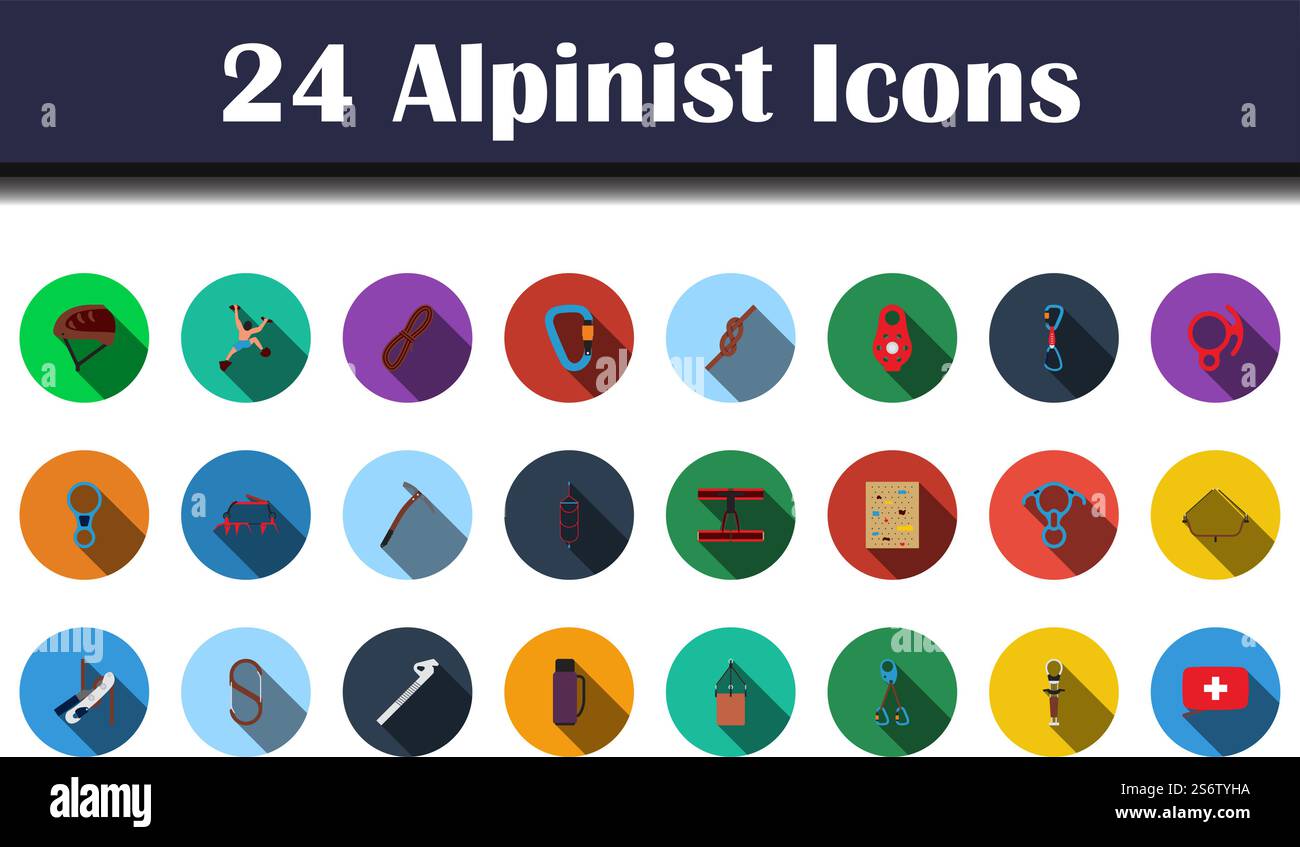 Alpinist Icon Set. Flat Design With Long Shadow. Vector illustration. Stock Vector