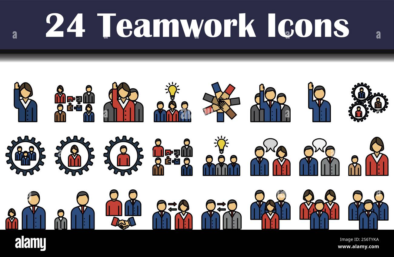 Teamwork Icon Set. Editable Bold Outline With Color Fill Design. Vector ...