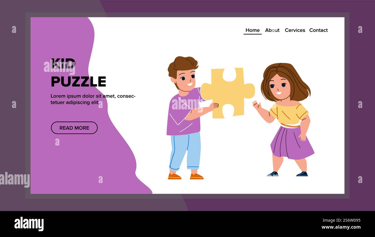 Boy And Girl Kids Puzzle Playing Together Vector. Preschooler Kids ...