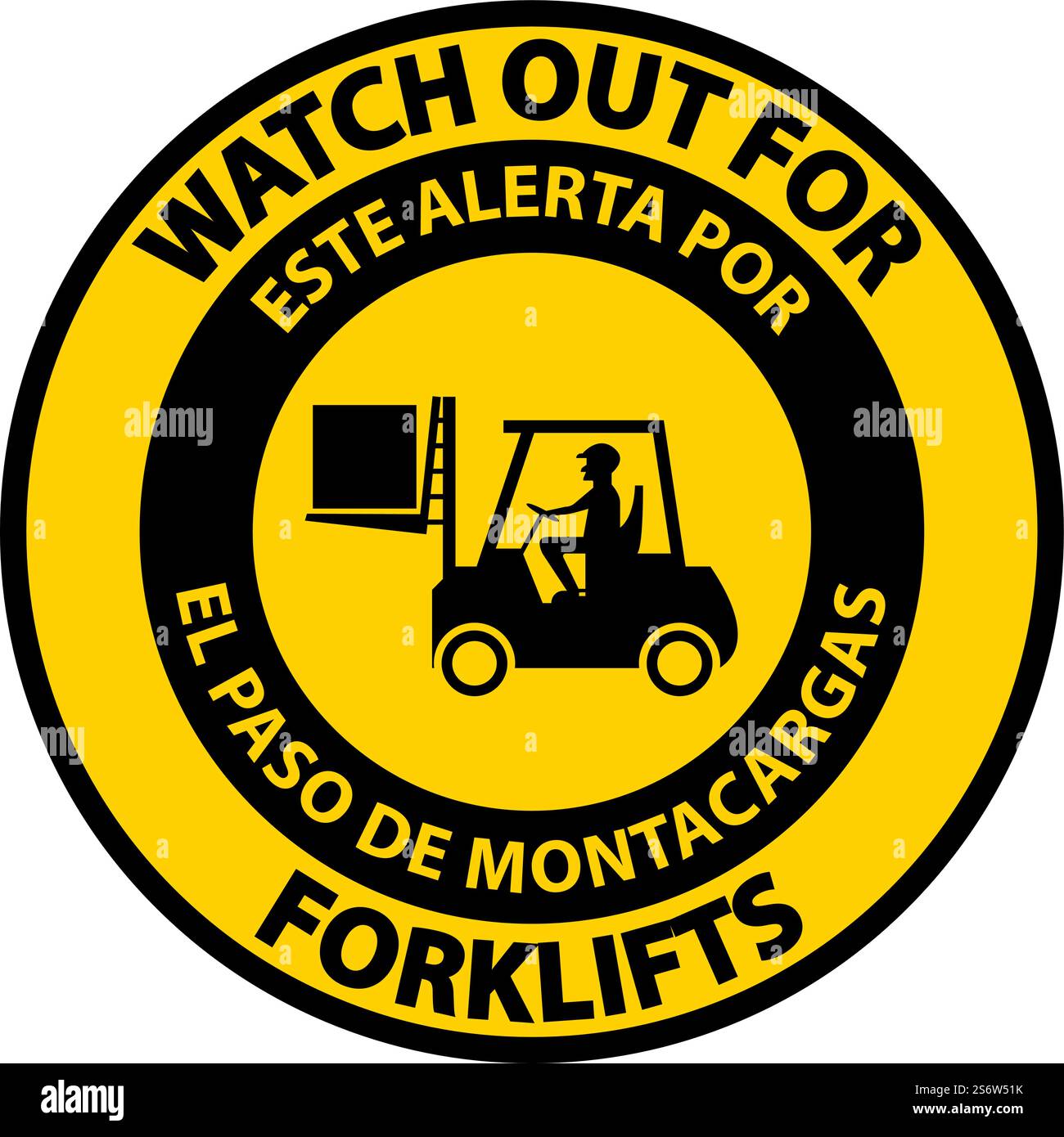 Bilingual Watch Out For Forklift Floor Sign On White Background Stock ...