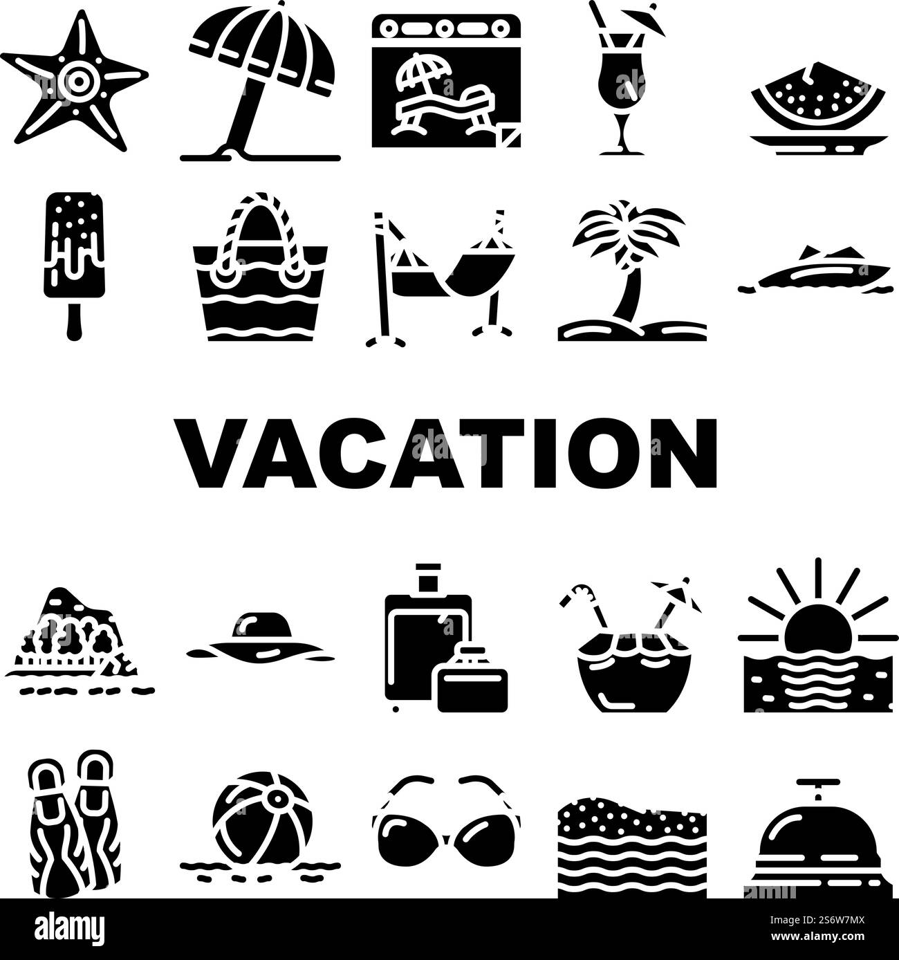 Summer Vacation Enjoying Traveler Icons Set Vector. Hammock And ...
