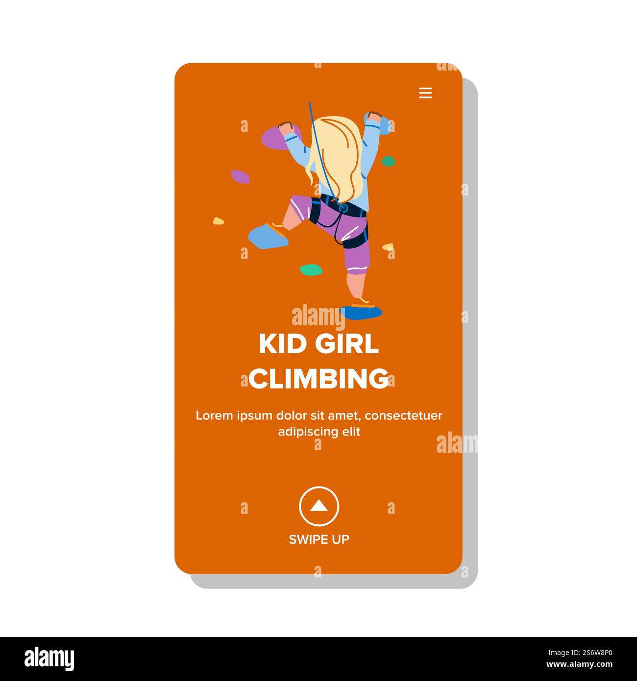 Kid Girl Climbing Exercise On Rock Wall Vector. Kid Girl Climbing And ...
