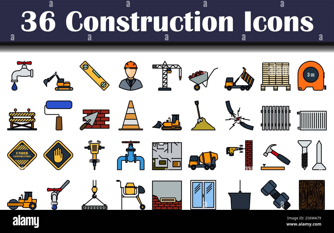 Construction Icon Set. Editable Bold Outline With Color Fill Design ...