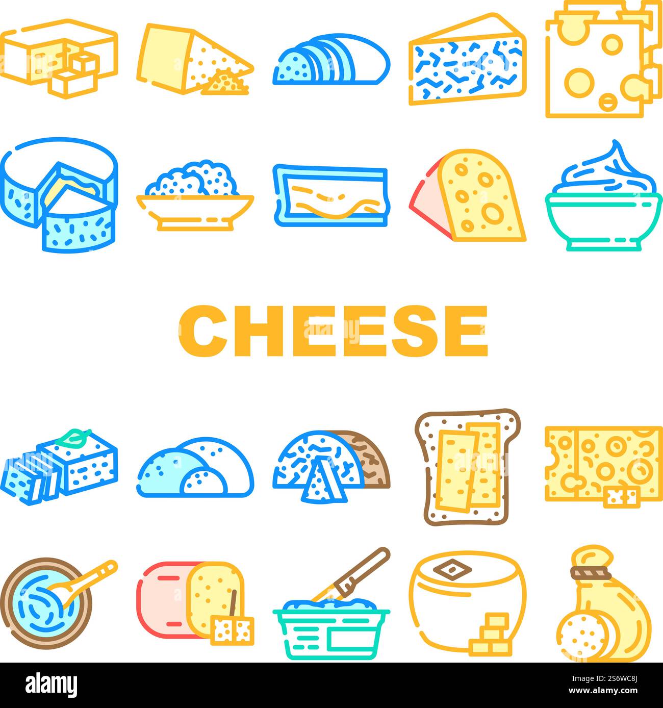 Cheese Dairy Delicious Nutrition Icons Set Vector. Cheddar And ...