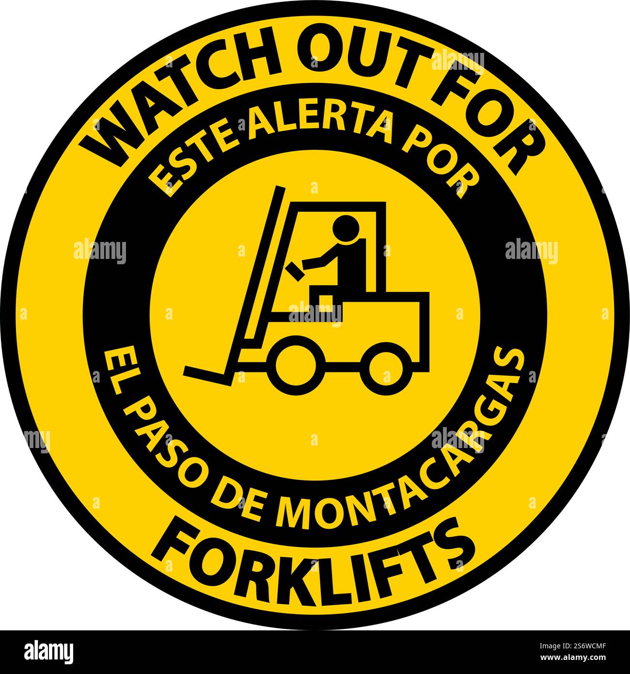 Bilingual Watch Out For Forklift Floor Sign On White Background Stock ...
