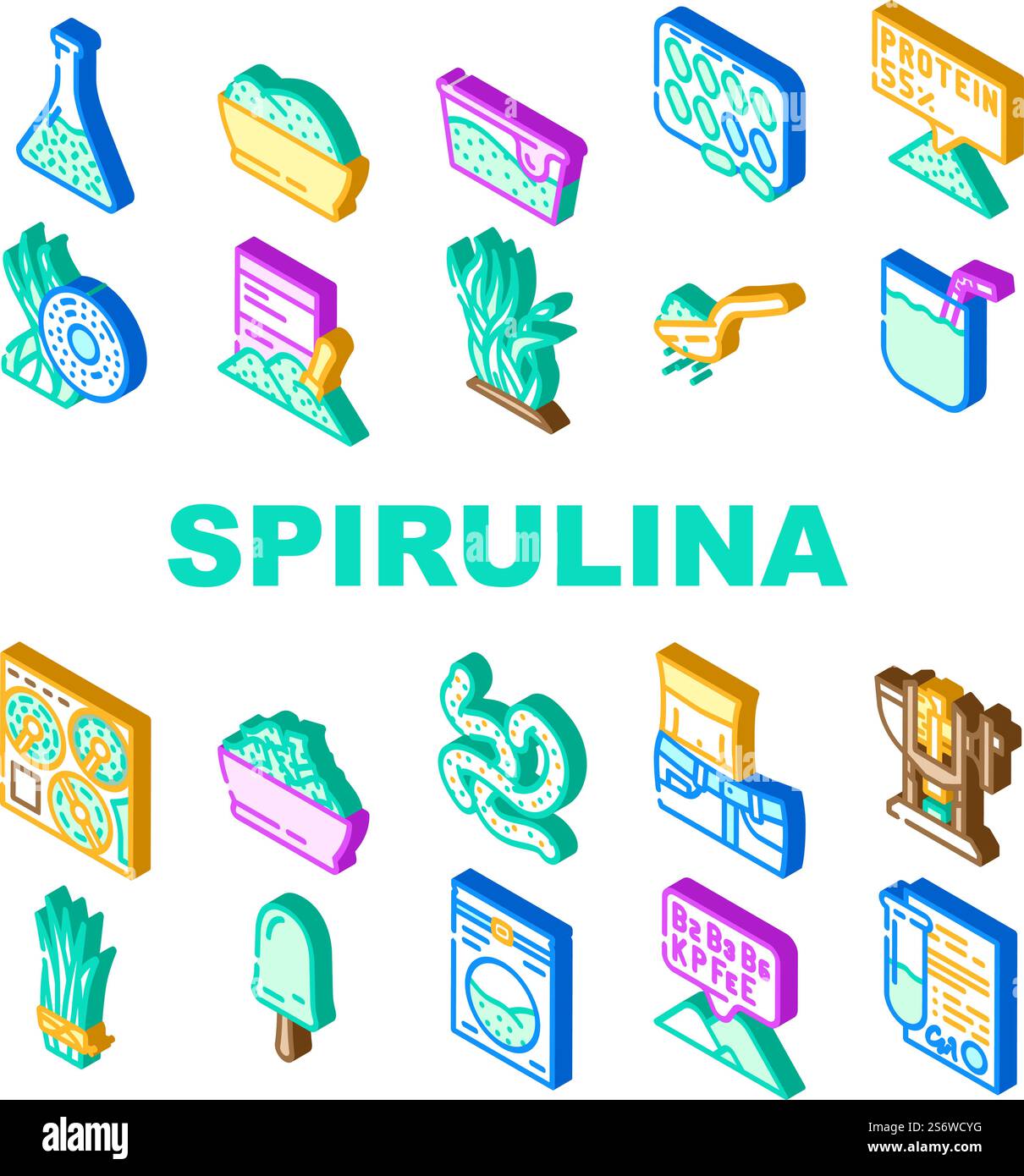 Spirulina Nutrition Ingredient Icons Set Vector. Spirulina Natural Ice ...