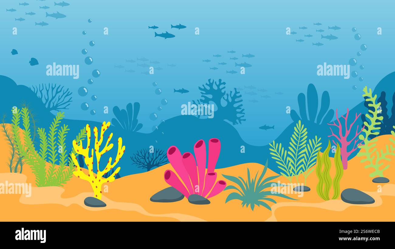 Underwater background with seaweed and fish silhouettes. Marine life ...