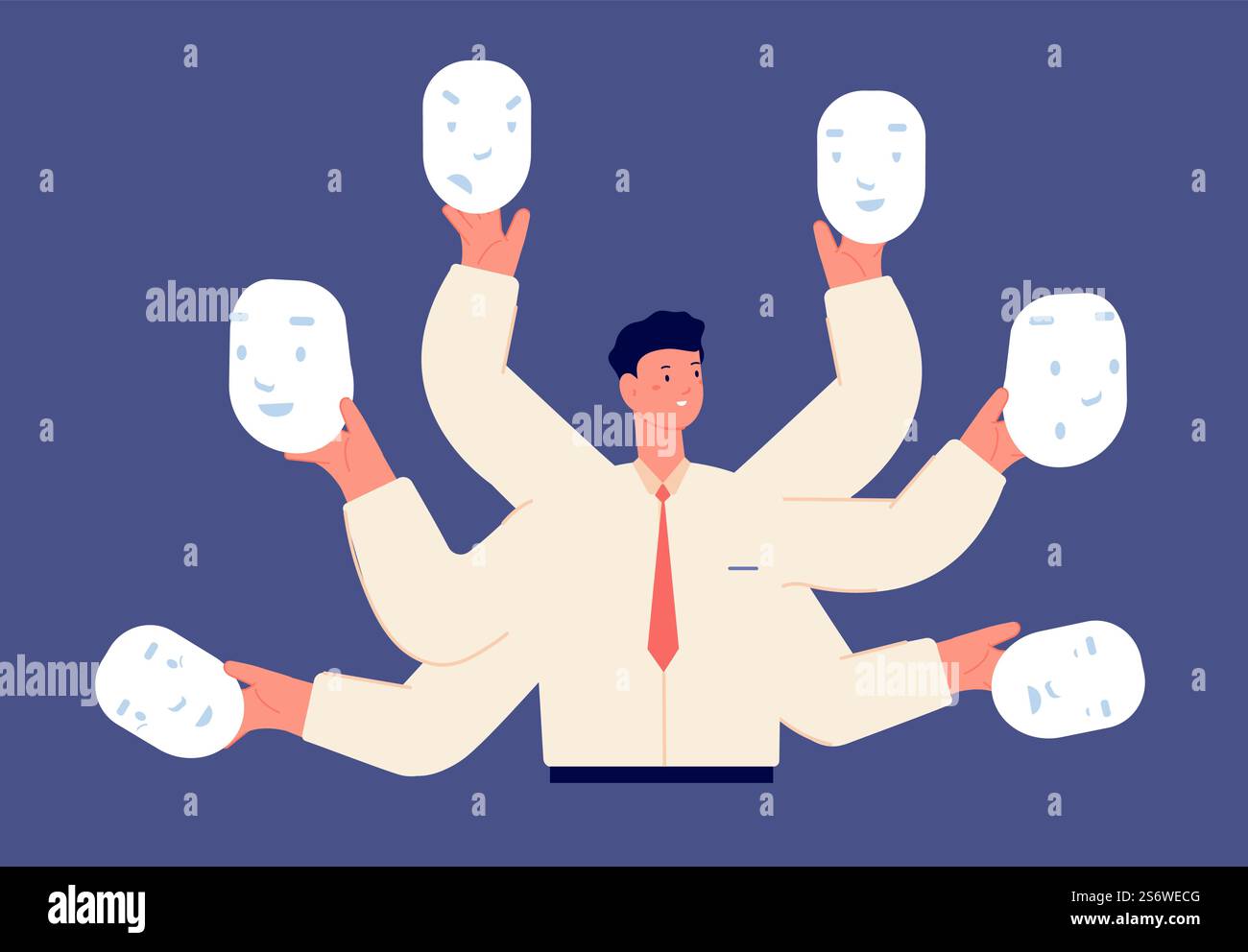 Fake businessman faces. Different mood, liar in business. Office manager choose moods and hold masks in hands, vector illustration. Businessman in mask expression collection. Fake businessman faces. Different mood, liar in business. Office manager choose moods and hold masks in hands, vector illustration Stock Vector