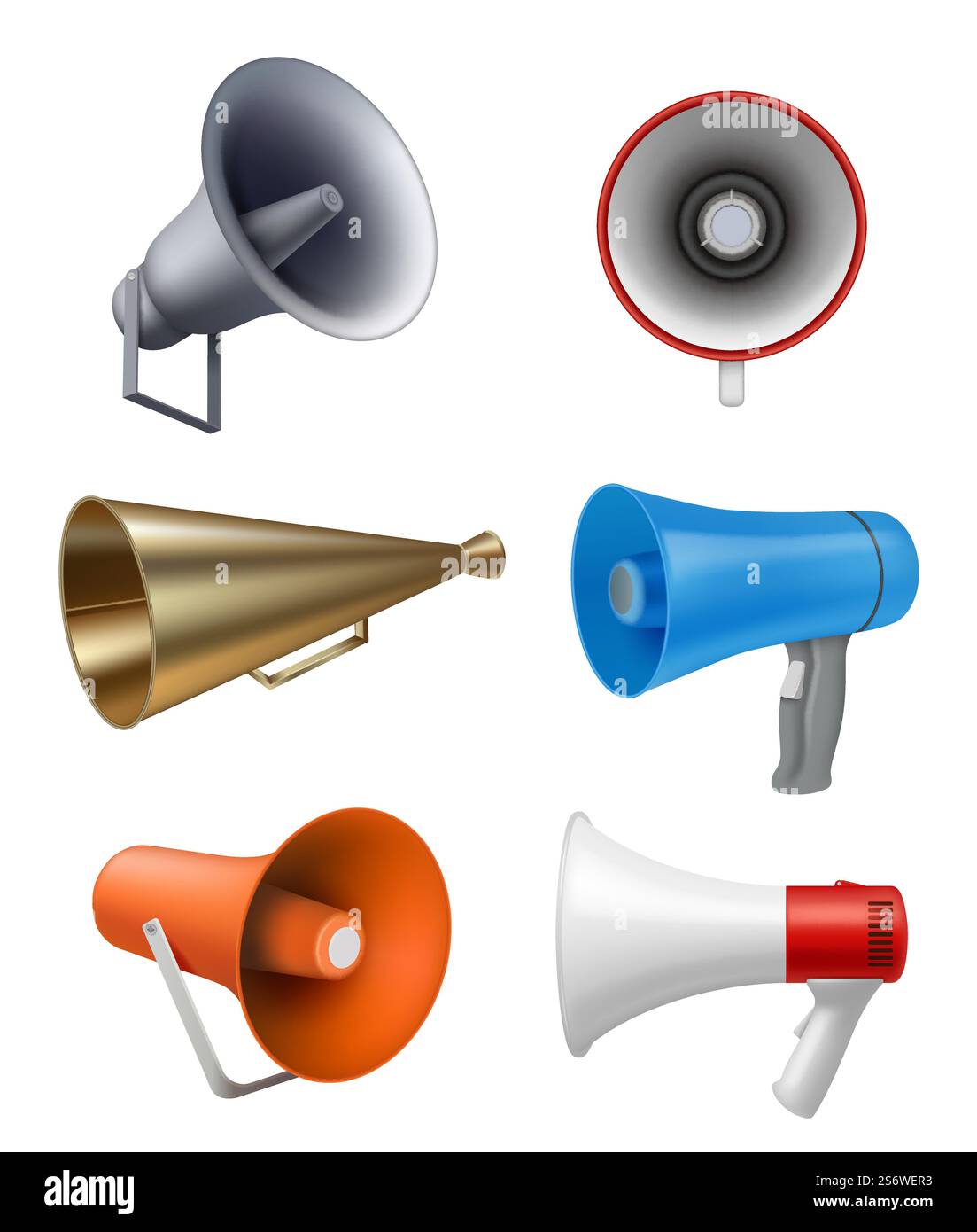 Realistic megaphone. Communication stuff for advertising talking symbols lifeguard loudspeakers ...