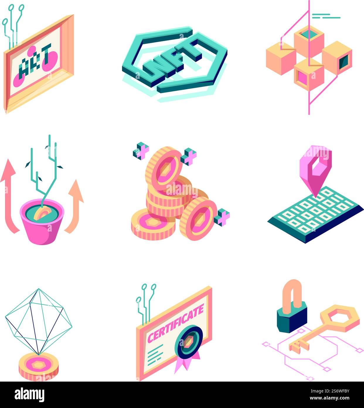 Nft. Innovation secure digital safety systems crypto art electronic paints garish vector illustrations in isometric style. Coin pay and blockchain, decentralized and collectibles. Nft. Innovation secure digital safety systems crypto art electronic paints garish vector illustrations in isometric style Stock Vector