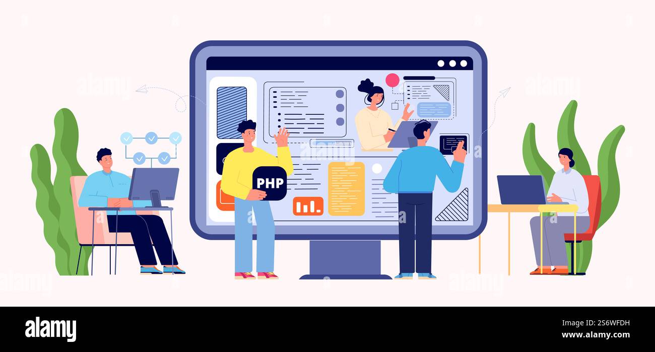 Web developers and users. Programmers create site page and design. Man and woman using internet services. Cloud workers, technology progress vector metaphor. Illustration of web development team. Web developers and users. Programmers create site page and design. Man and woman using internet services. Cloud workers, technology progress vector metaphor Stock Vector