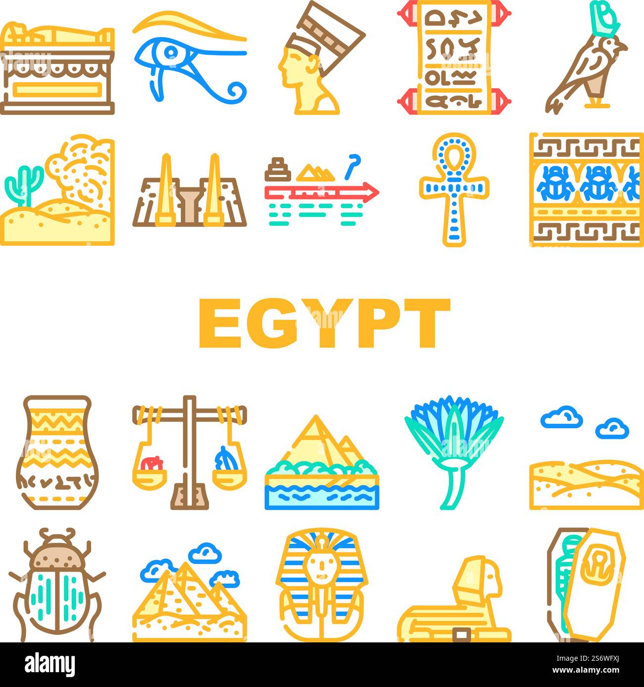 Egypt Civilization Landscape Icons Set Vector. Nefertiti Egypt Queen ...