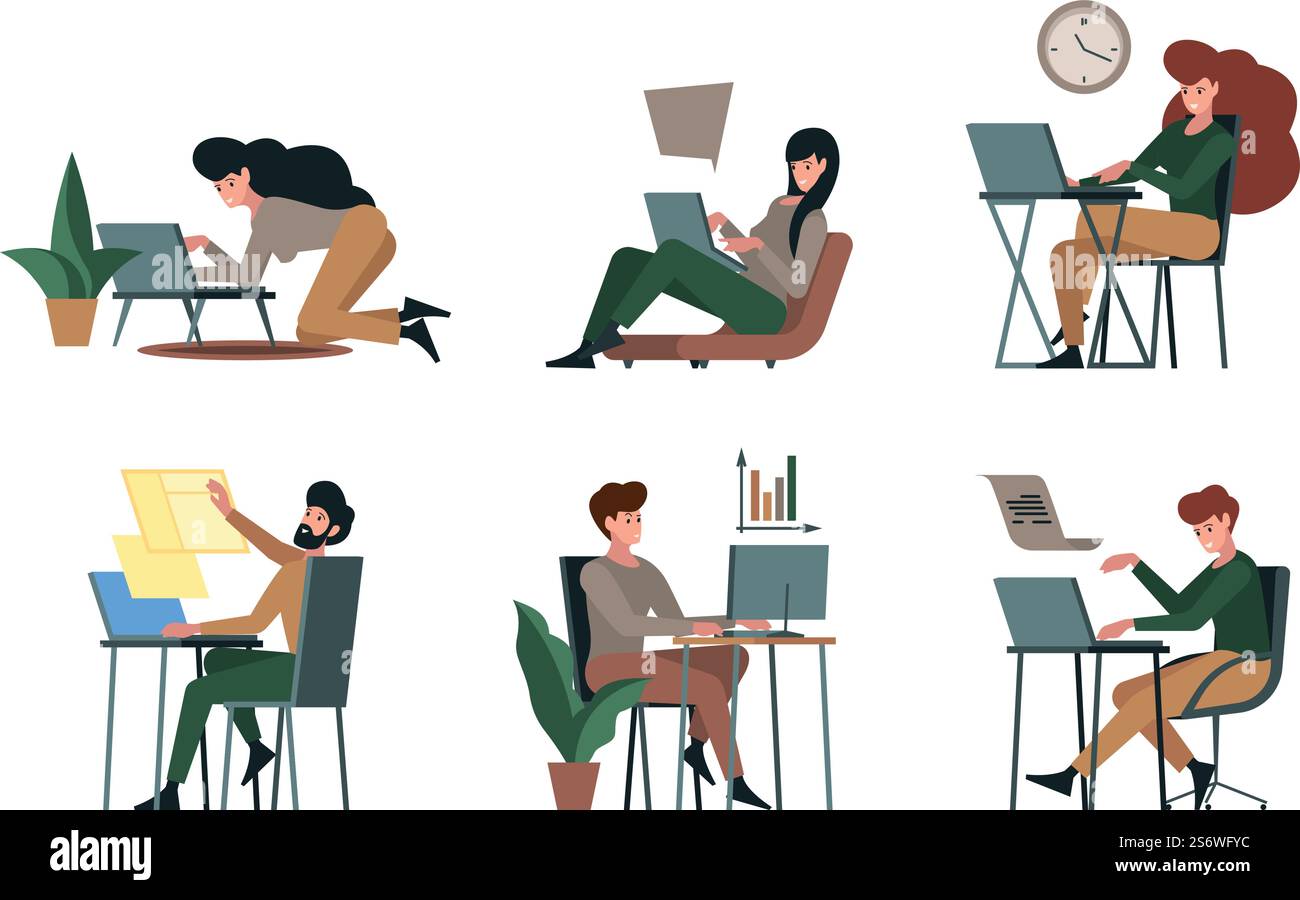 Computer programmers. Digital workers designers professional developers coders engineers computer geek garish vector flat characters isolated. Illustration of worker programmer at computer. Computer programmers. Digital workers designers professional developers coders engineers computer geek garish vector flat characters isolated Stock Vector
