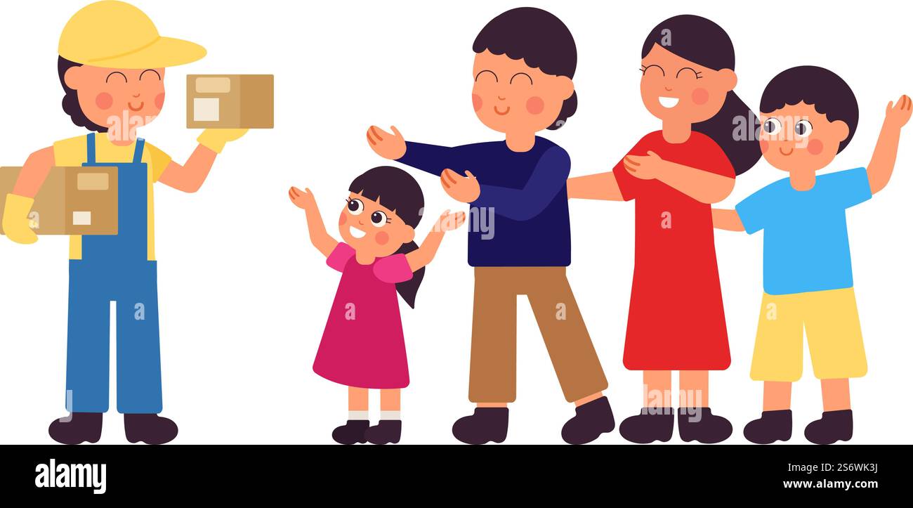 Courier. Delivery guy, worker and happy family. Deliveryman with parcels, isolated boy with boxes, parents and children, decent vector characters. Illustration of box courier delivery. Courier. Delivery guy, worker and happy family. Deliveryman with parcels, isolated boy with boxes, parents and children, decent vector characters Stock Vector