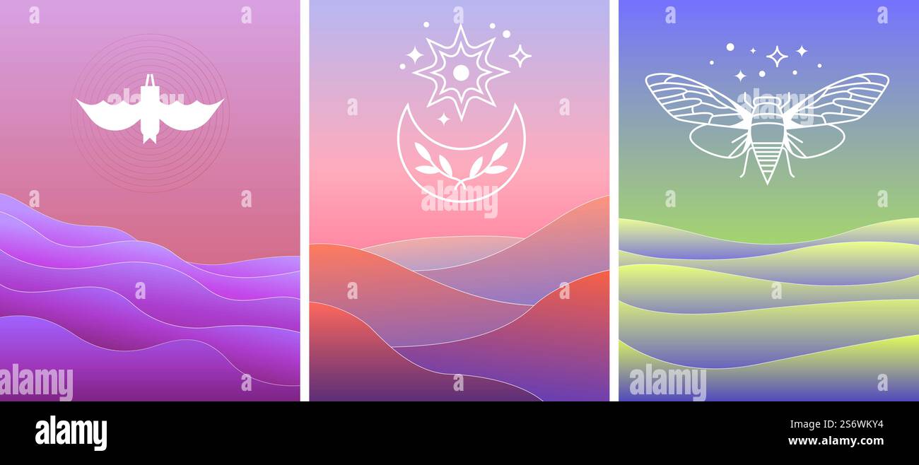 Abstract landscape. Colorful asian style valley and mystic symbols. Beetle, bat silhouette and magic moon with stars, vector poster template. Illustration of landscape poster beetle and bat. Abstract landscape. Colorful asian style valley and mystic symbols. Beetle, bat silhouette and magic moon with stars, vector poster template Stock Vector
