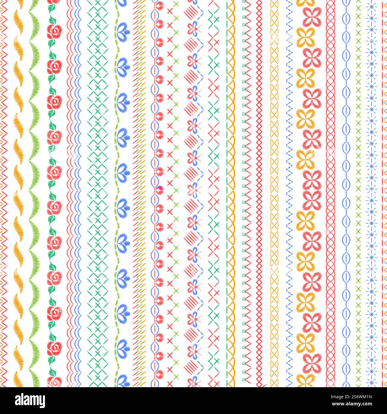 Stitched seamless borders. Embroidery stripes, geometric and floral ...