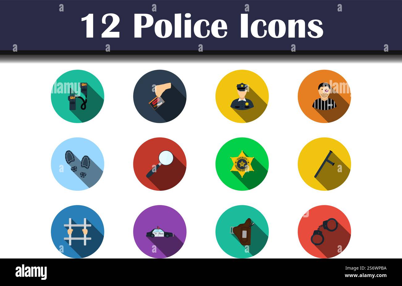 Police Icon Set. Flat Design With Long Shadow. Vector illustration. Stock Vector