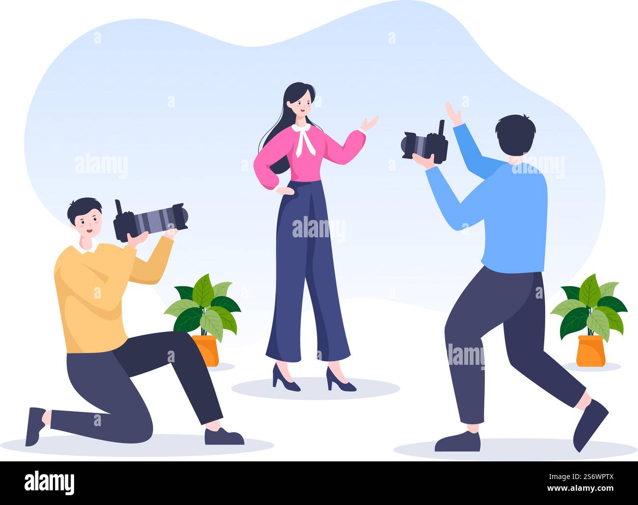 Interview Reporter Back Cartoon Journalism or Social Broadcasting with Equipment, News, Microphones ...