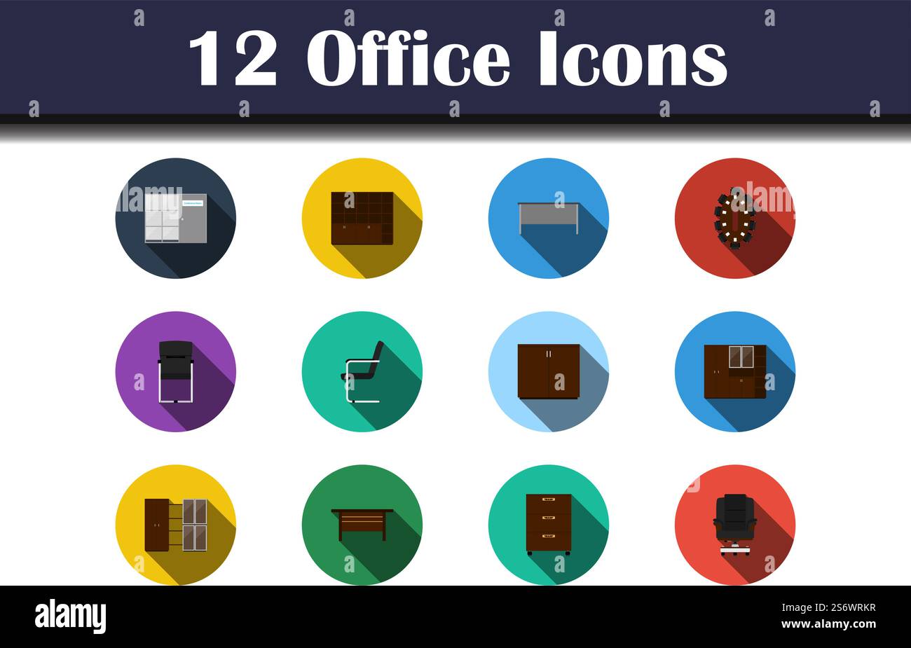 Office Icon Set. Flat Design With Long Shadow. Vector illustration. Stock Vector